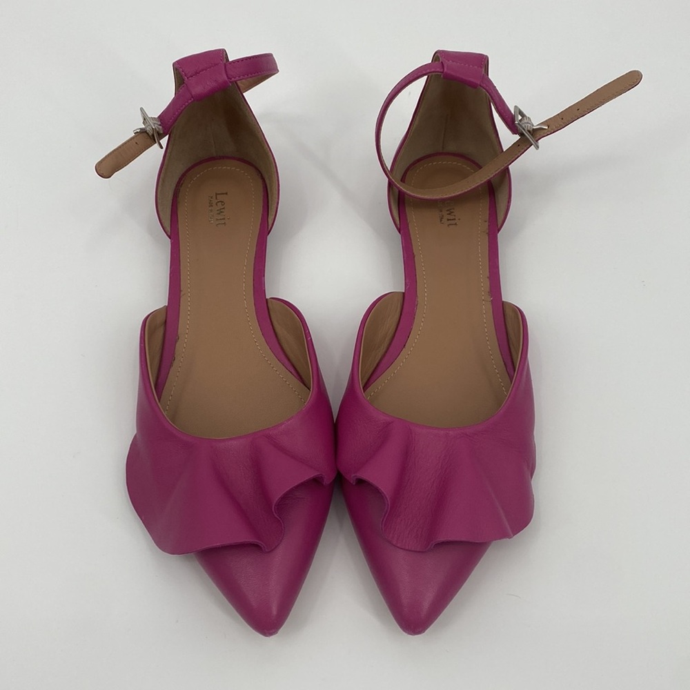 LEWIT Leather Hot Pink Ankle Strap Pointed Toe Flats